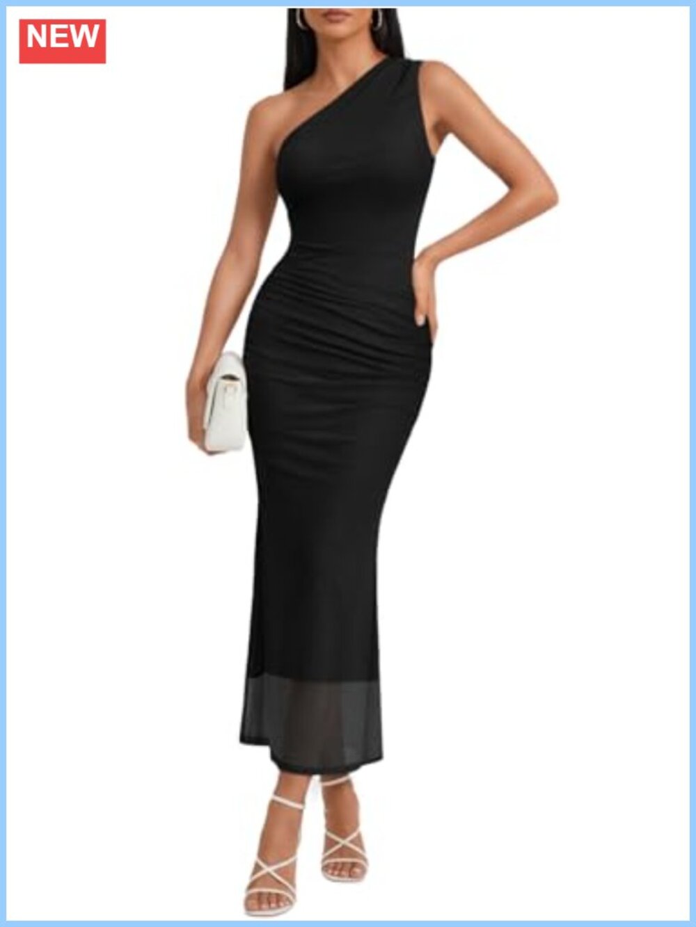 One Shoulder Maxi Bodycon Mesh Ruched Dress with Side Slit